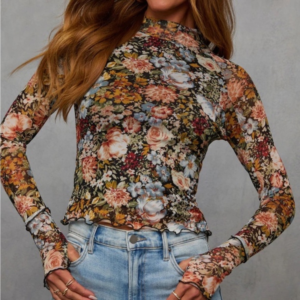 Vice Garden Muse Floral Mesh Mockneck Top size L